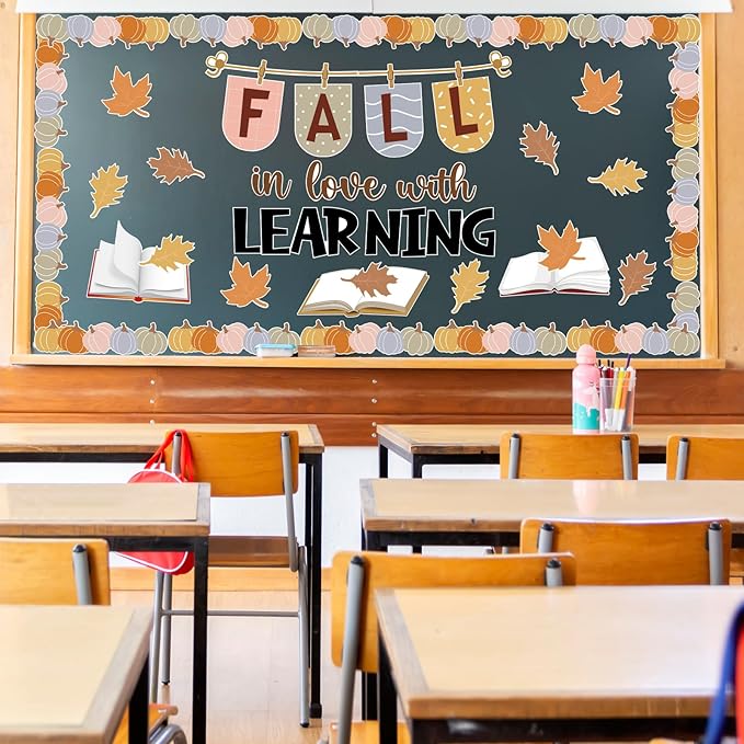 43Pcs Fall Thanksgiving Bulletin Board Decorations Set Autumn Boho Bulletin Board with Maple Leaves Pumpkin for Classroom School Home Wall Decor