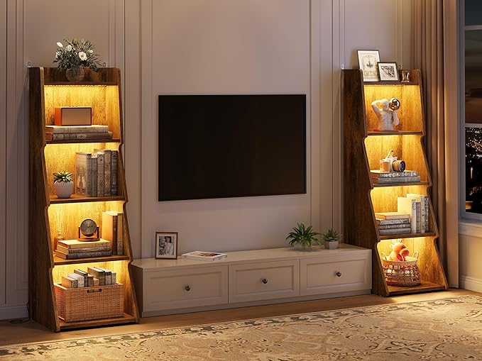 Hoctieon 5-Tier Open Bookcase and Bookshelf with LED Light, Floor Standing Display Storage Shelves, Wood Modern Display Organizer for Home Office, Living Room, Bedroom, Study, Rustic Brown