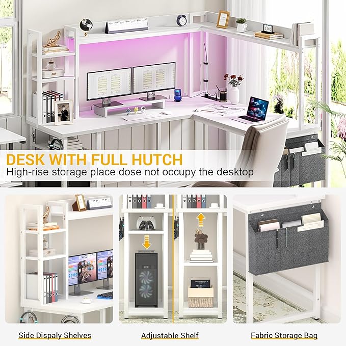Aheaplus L Shaped Gaming Desk, Reversible L Shaped Desk with Power Outlet and Led Lights, Gaming Desk Corner Computer Desk with Hutch, Monitor Stand and Storage Bag for Home Office, White