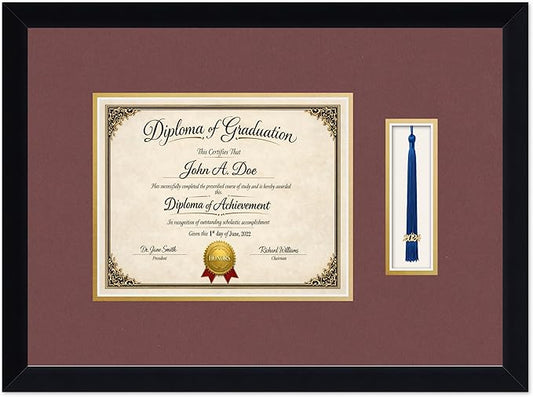 Diploma Frame with Tassel Holder Matte Black Shadowbox Dark Red Over Gold Mat - Fits 10 x 8 Degree Made in the USA