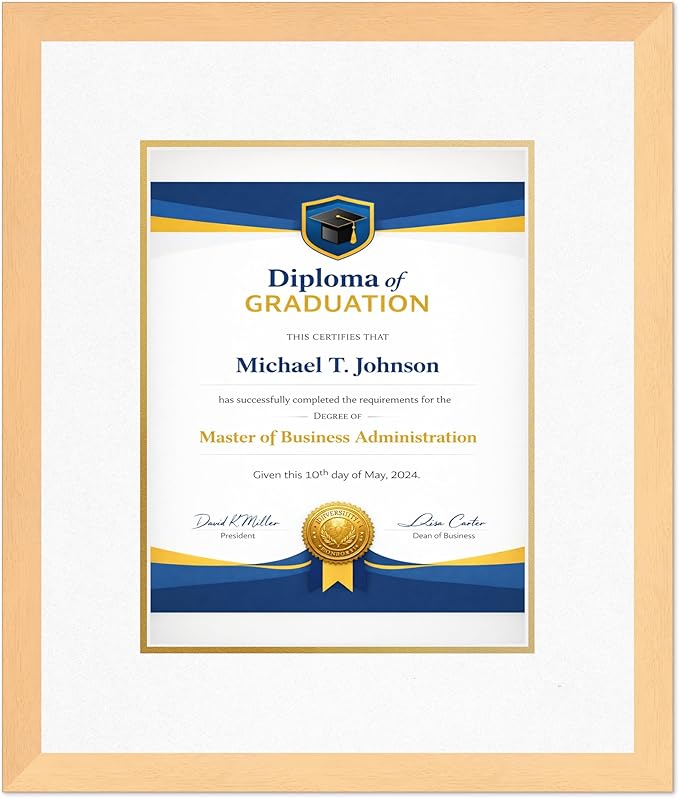 Diploma Frame Natural Wood With Oyster Shell Over Gold Double Mat - Fits 10 x 13 College Diploma (Portrait Traditional) Wall Display Made in the USA