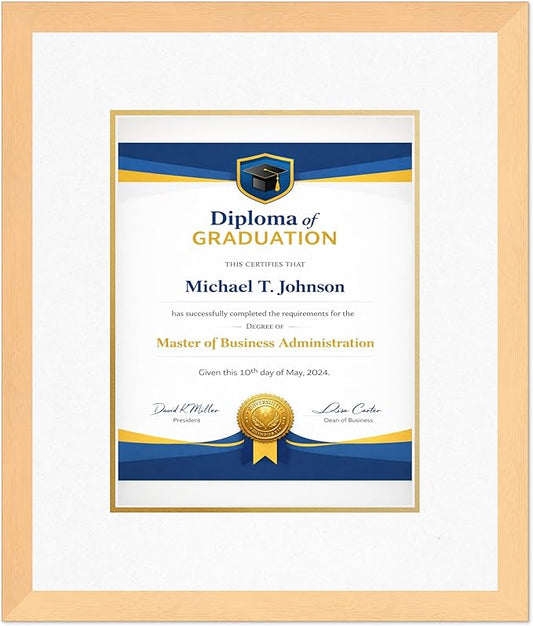Diploma Frame Natural Wood With Oyster Shell Over Gold Double Mat - Fits 10 x 13 College Diploma (Portrait Traditional) Wall Display Made in the USA