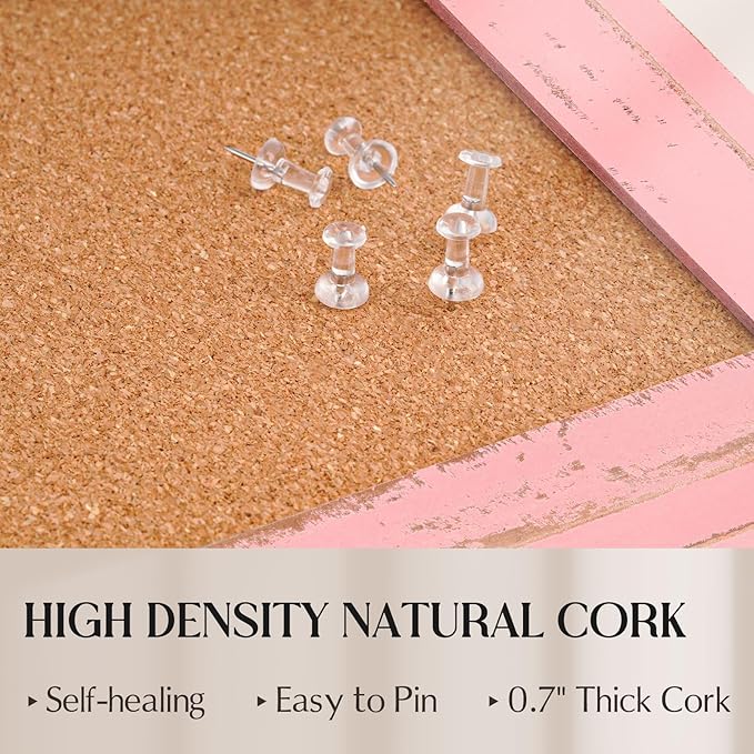 Cork Bulletin Board, 24" x 18" Corkboard for Wall, Pink Wooden Frame, Decorative Hanging Pin Board Tack Board for Home Office Decor, 10 Push Pins