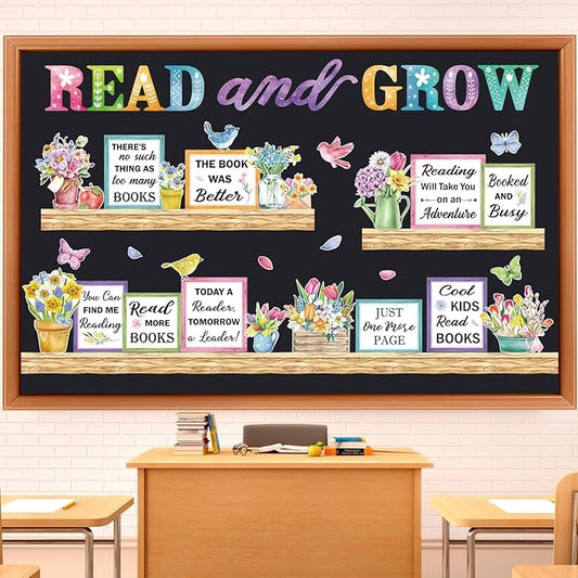 Qilery Read and Grow Spring Bulletin Board Set Classroom Decorations - Floral Book Cutouts for Reading Corner Library - Motivational Literacy Wall Art for Elementary School Teachers & Counselors