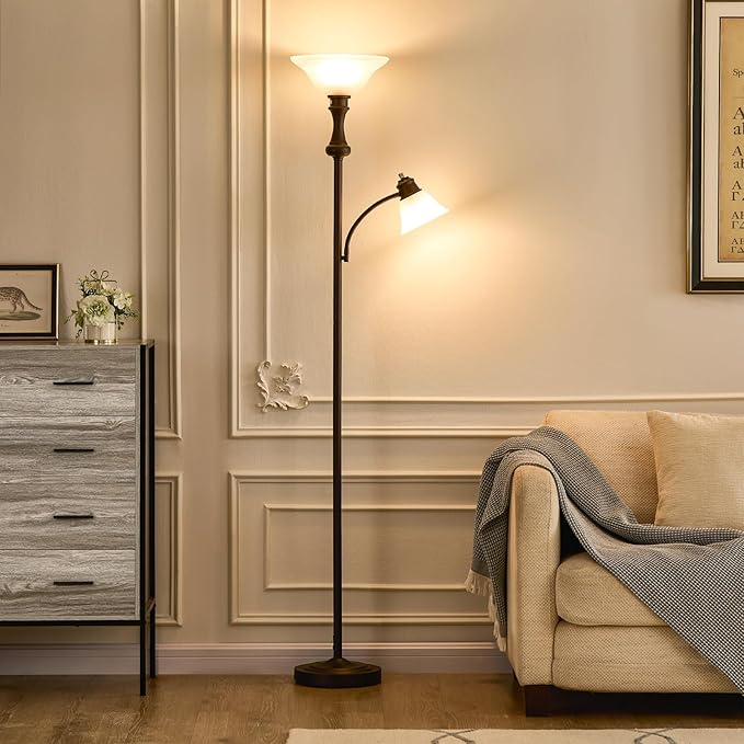 71'' Floor Lamps for Living Room, Tall Floor Lamp for Bedroom with Adjustable Angle Arc Reading lamp, Modern Torchiere Standing lamp with Glass Shade, Knob Switch, Bulb Included, Red Brown