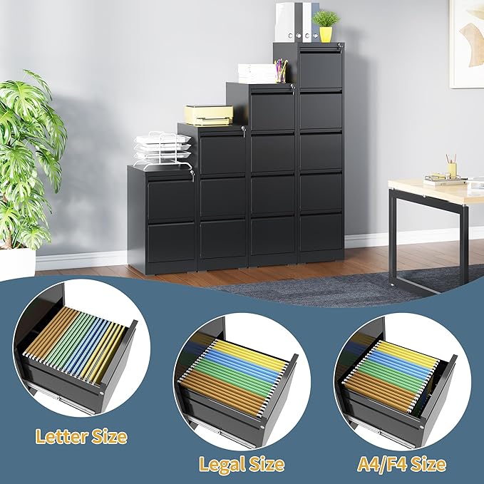 4 Drawer File Cabinet with Lock, Vertical Filing Cabinets for Home Office, Metal Storage Cabinets, Heavy Duty File Cabinet for Letter/Legal/A4/F4 Size Amsseble Required, Black