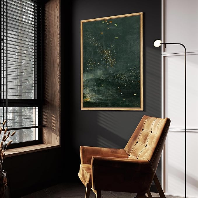 SIGNFORD Framed Canvas Print Wall Art Starry Night Flora Abstract Plant with Gold Accents Dark Green Botanical Illustrations Decorative Zen for Living Room, Bedroom, Office - 16"x24" Natural