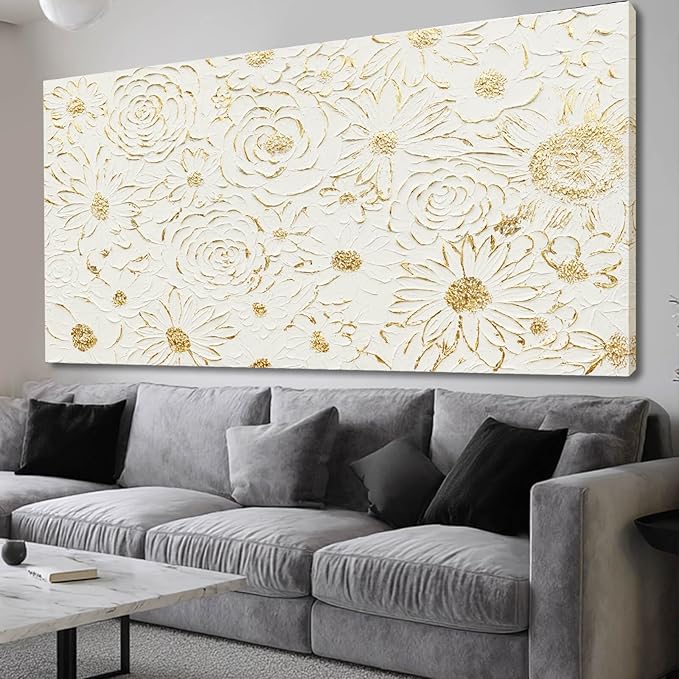 YJYart White Minimalist Wall Art, Canvas Textured Painting,Gold Flowers Floral Modern Abstract Art Wall Decor for Bedroom,Living Room And Office Hallway 29"x58"