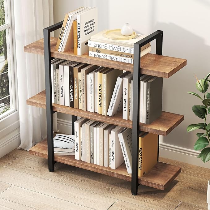 HSH Solid Real Wood Bookshelf, 3 Tier Rustic Vintage Industrial Book Shelf, Small Short Etagere Natural Wooden Bookcase, Open Metal Farmhouse Solid Wood Book Shelf, Distressed Brown