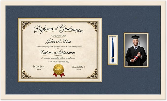 Diploma Tassel and Photo Frame Coastal Whitewash Shadowbox Navy Blue Over Gold Mat - Fits 17 x 13 Degree Picture Made in the USA