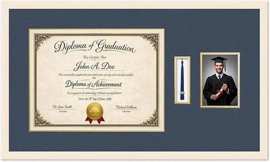 Diploma Tassel and Photo Frame Coastal Whitewash Shadowbox Navy Blue Over Gold Mat - Fits 17 x 13 Degree Picture Made in the USA