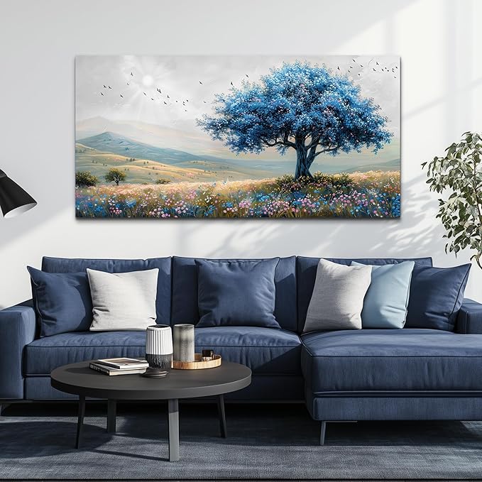 KELIYUAN Large Farmhouse Wall Art For Living Room Canvas Wall Decor For Office Bedroom Hotel room Field Scenery Wall Painting Blue Trees Picture Modern Home Decoration Artwork Ready To Hang 24x48In