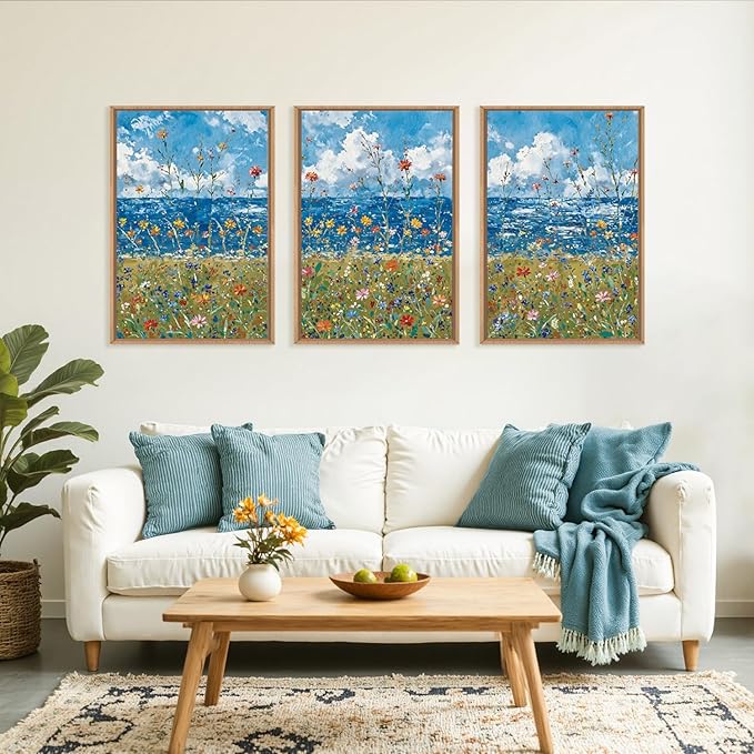 Large Blue Seaside Wildflower Framed Canvas Wall Art,Modern Nature Ocean Wall Decor,Rustic Sky Printing,White Cloud Landscape Artwork for Living Room,Bedroom,Dining Room-24"x36"x3