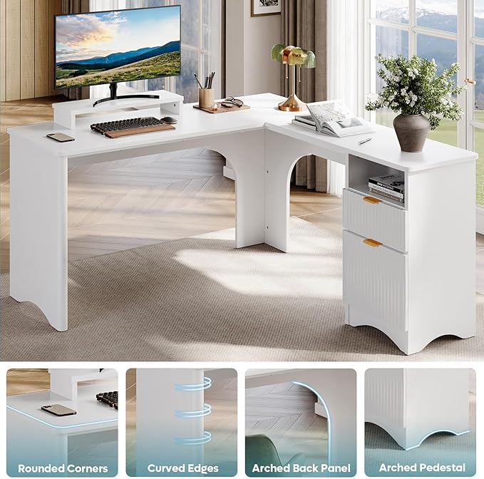 Bestier L Shaped Desk with File Drawer, 55.7" x 55" Office Computer Desk with Round Corners, Modern Desk with Monitor Stand & Fluted Panels for Home Office, White