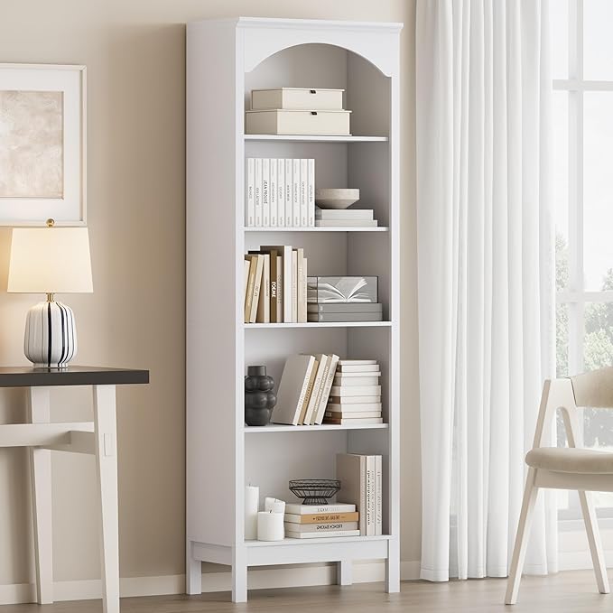 Arched Bookshelf with 5 Tier Open Shelves, 71" Tall Wood Bookcase with Adjustable Shelves, 24" Wide Floor Standing Display Storage Shelf for Home Office, Kitchen, Study and Living Room, Modern White