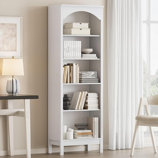 Arched Bookshelf with 5 Tier Open Shelves, 71" Tall Wood Bookcase with Adjustable Shelves, 24" Wide Floor Standing Display Storage Shelf for Home Office, Kitchen, Study and Living Room, Modern White