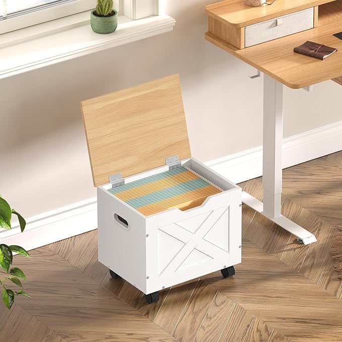 Rolling Filing Cabinet, Small File Cabinet Under Desk with Single Drawer, Hanging File Organizer for A4/Letter-Size Documents, Organizer Box, for Home Office, White and Natural FCBN4001