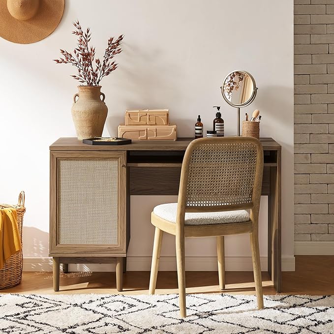 mopio Haylee Boho Farmhouse Writing Desk, with Natural Rattan Exterior Door, Ample Storage, Adjustable Shelves, for Study, Vanity, Makeup, & Work, in Bedroom, Home Office