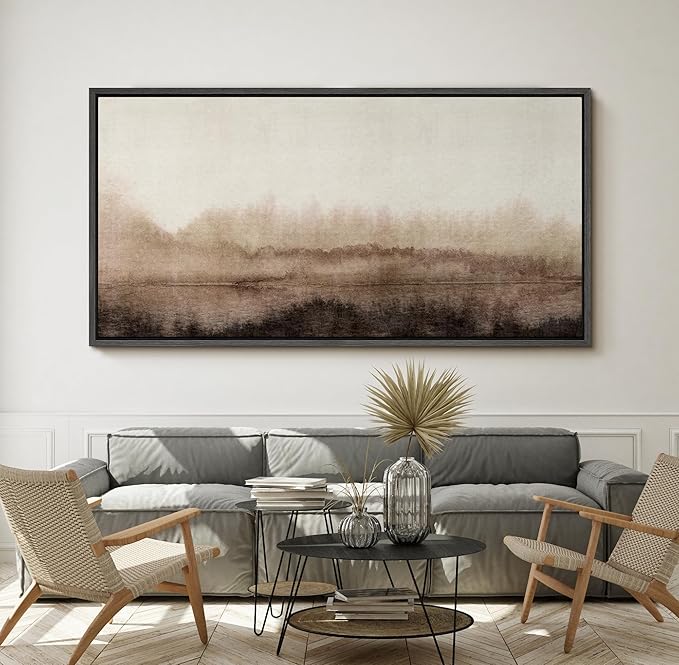 SIGNFORD Extra Large Framed Canvas Misty Woodland Neutral Landscape Illustrations Modern Art Calm Warm for Living Room, Bedroom, Office - 60"x30"