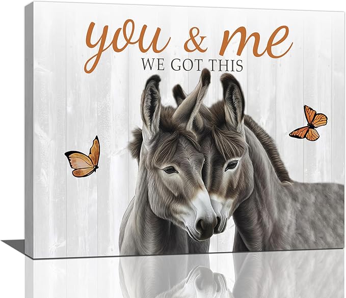 yerretin Farmhouse Donkey Wall Art Country Love Pictures Wall Decor Rustic Animal Canvas Painting Home Decoration Artwork for Bathroom Bedroom Living Room Office Framed 20"x16"