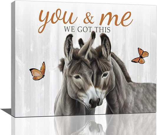 yerretin Farmhouse Donkey Wall Art Country Love Pictures Wall Decor Rustic Animal Canvas Painting Home Decoration Artwork for Bathroom Bedroom Living Room Office Framed 20"x16"