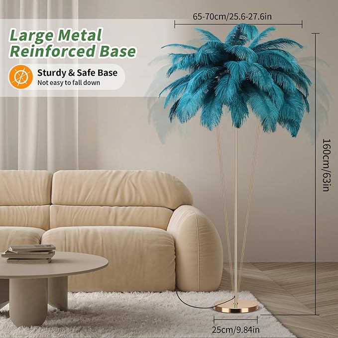Feather Floor Lamp for Living Room, Fluffy Ostrich Feathers Lamp, Rose Gold Color Body, 3 Color Temperatures Modern Funky Arc Tall Standing Lamp for Bedroom Inclued Bright LED Bulbs (Blue)