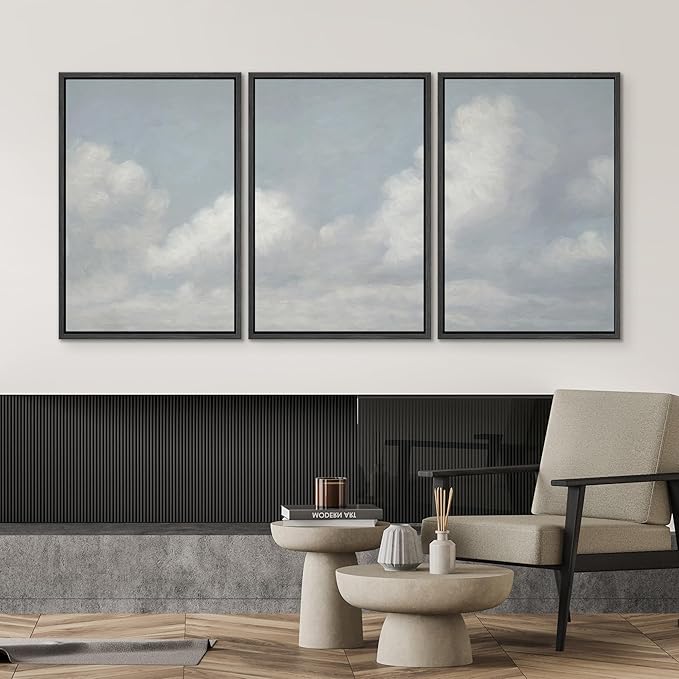 SIGNWIN Framed Canvas Print Wall Art Set Soft Sky and Clouds Minimalist Blue and White Cloudscape Illustrations Modern Art Decorative for Living Room, Bedroom, Office - 24"x36"x3 Black