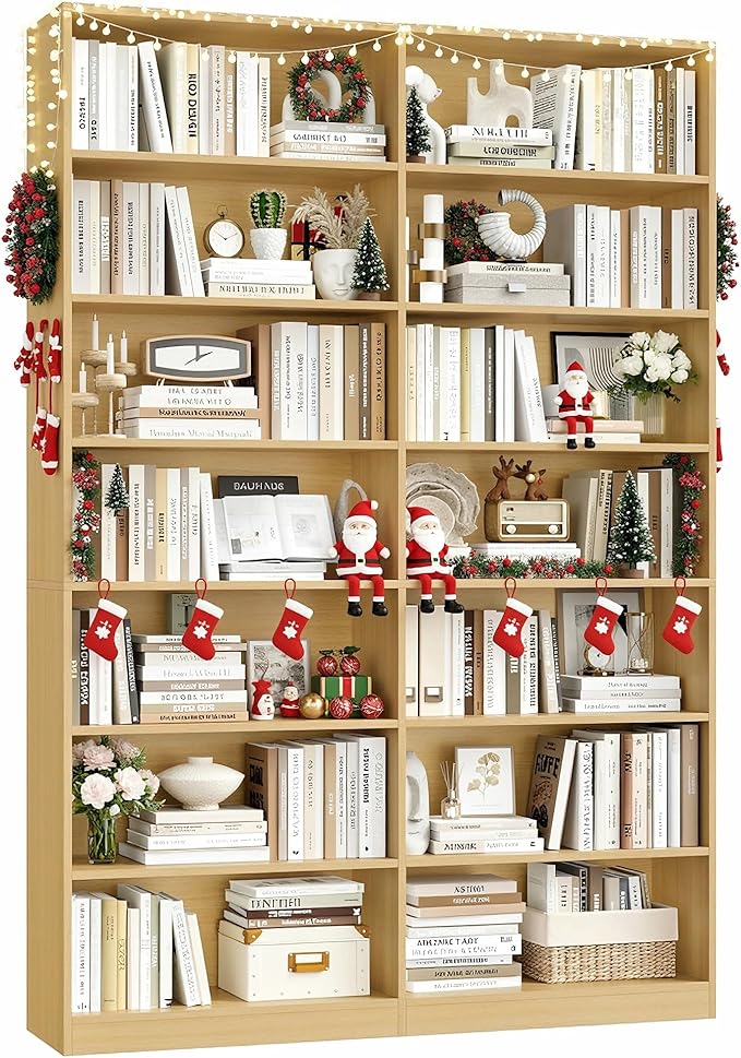 FACBOTALL 83.6" Tall Bookshelf and Bookcase, 7-Tier Extra Large Bookshelf with Double Storage, 14 Open Display Shelves for Home Office, Study and Living Room, Natural