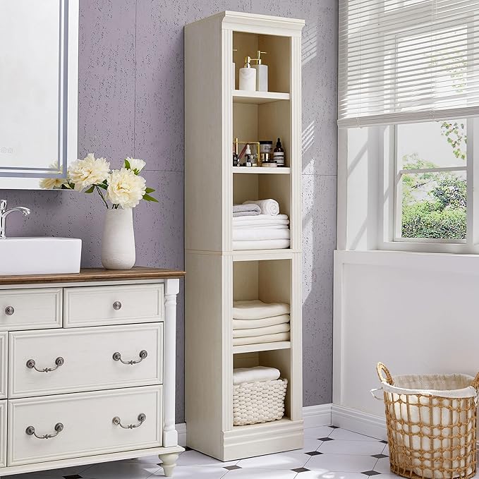 JAHRSTIM Halston Narrow Bookcase, Adjustable Storage Open Display Shelving Unit for Home and Office Space, 15.75”L x 13.78”W x 72.8”H, Cream