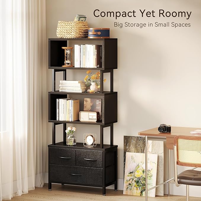 Casaottima 7 Tier Bookshelf, Tall Geometric Bookcase with Fabric Drawers, Modern Display Book Shelves Book Case for Living Room Bedroom, Wood Decorative Standing Shelving Unit for Home Office, Black