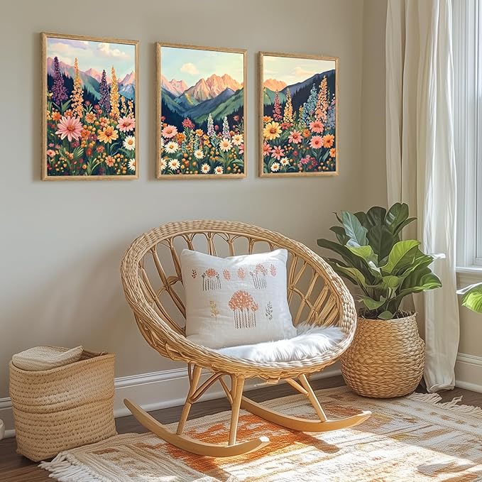 Hianan Mount Daisy Wildflower Landscape Wall Art, Colorful Floral Wall Decor, Boho Sunset Landscape Canvas Painting, Bright Botanical Poster Prints for Living Room Bedroom Wood Framed 16"x24"x3