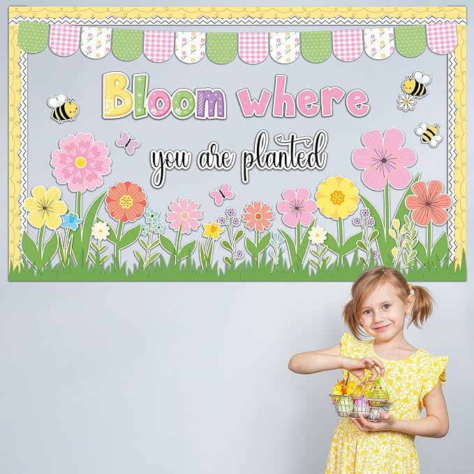 Spring Bulletin Board Set Colorful Flower Cutouts Flower Classroom Decoration Bloom Where You are Planted Bulletin Board Spring Floral Cut Out for School Classroom Office Home Chalkboard Wall Decor