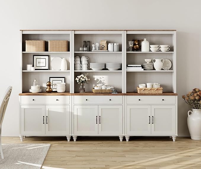 WAMPAT 5 Tier Bookshelf 72" Tall Bookcase with Barn Doors, Large Farmhouse Display Book Shelf with 3 Drawers and Storage Cabinet, 3-in-1 Library Wood Bookshelves for Living Room or Kitchen, White