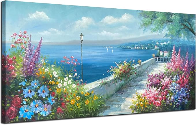 Arjun Blue Landscape Canvas Wall Art for Living Room Ocean Coastal Mediterranean Painting Bedroom, Extra Large Hand Painted Picture Garden Flower Artwork Framed Home Office Wall Decor 58"x29"