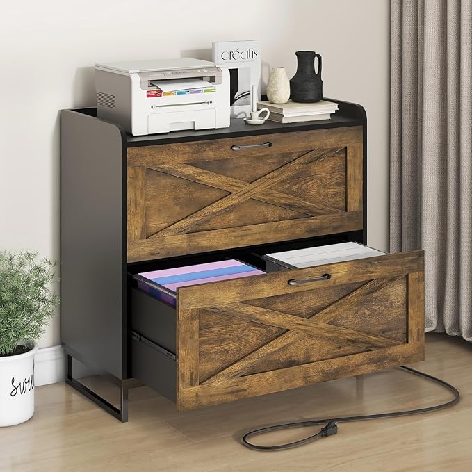 2 Drawer Lateral File Cabinet, Filing Cabinet with Charging Station for Letter/Legal/A4 Size Hanging Files, Modern Farmhouse File Cabinet for Home Office, Printer Stand with Storage, Brown and Black