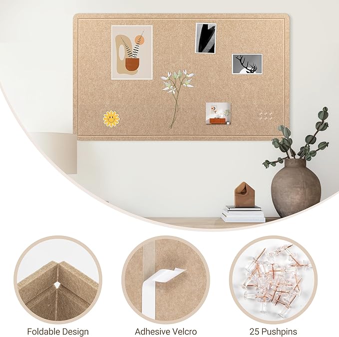 AKTOP Large Office Cork Board 60" x 36", Foldable Felt Notice Pin Board for Wall, Decorative Bulletin Board Photo Display Board with Self-Adhesive Tape for Office, School & Home, 25 Pushpins, Khaki