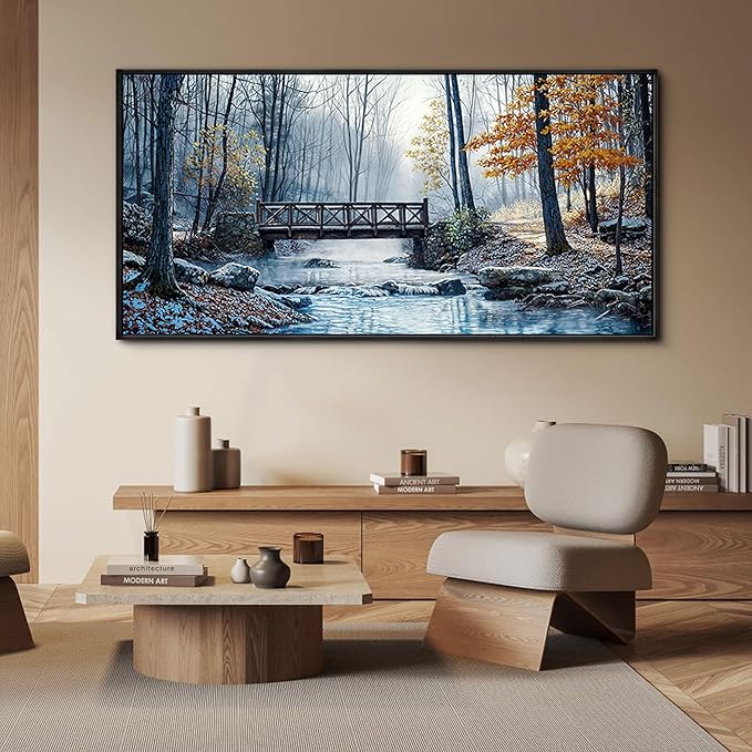 yiijeah Extra Large Living Room Wall Art - Modern Wall Decor for Bedroom Office Decor Mountain Forest Landscapes Village Bridge Painting Framed Canvas Prints Ready to Hang Pictures Home Decor