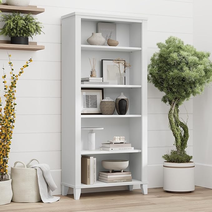 Bush Home Somerset 5 Shelf Bookcase in White, Tall Bookshelf, Large Book Shelf for Living Room, Home Office, or Entryway