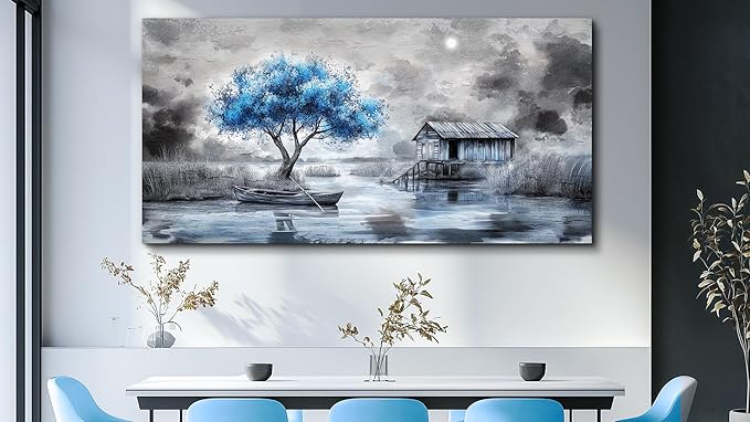 QIYILEXWART Canvas Wall Art For Living Room Large Wall Decor For Office Bedroom Decorations The Blue Tree Pictures The Hut Painting Stretched And Framed Artwork Room Ready To Hang