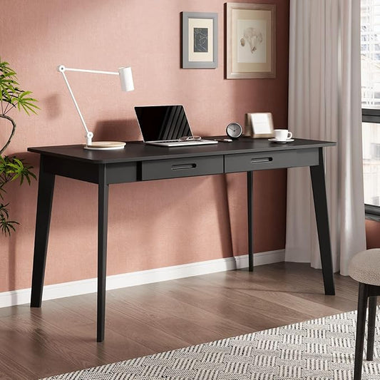 47 Inch Compact Computer Gaming Desk, Black Study Work Office Desk with 2 Storage Drawers, Rectangular Study Reading Table, Simple Computer Writing Table for Home Office, Living Room