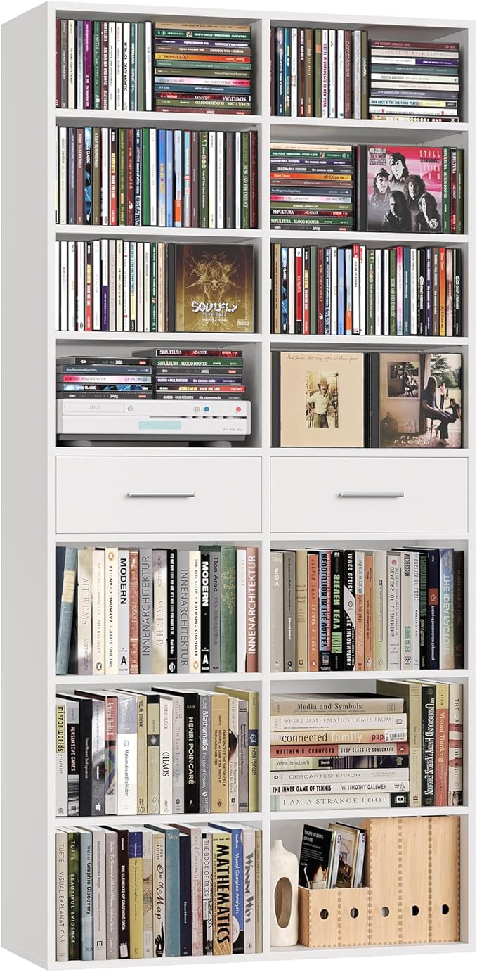 HOSTACK 73" Tall Bookshelf with Drawers, 7-Tier White Bookshelf with Storage, Double Wide Bookcase with 14 Open Book Shelves, Wood Book Case with Adjustable Shelves for Media CD DVD Storage, White