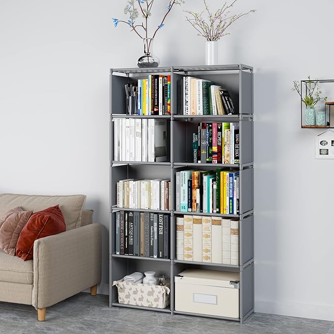 MOYIPIN Bookshelves, Assembled Storage Rack, Bedroom Living Room Vertical Cabinet Bookshelf, Double Row 10-Grid Multi-Functional Storage Equipment (Grey)