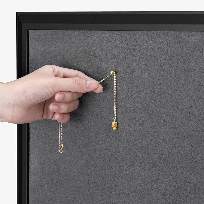 Navaris Framed Fabric Bulletin Board - 18 x 24 inches Plush Jewelry Organizer Pinboard for Wall - Memory Memo Pin Board - Dark Gray with Black Frame