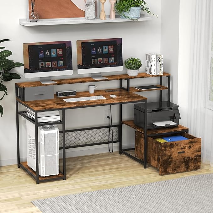Home Office Desks with Drawers, 66'' Computer Desk with Storage, Office Desk with Monitor Stand, Work Desk with Outlets and USB, Gaming Table Desk with File Cabinet for Home Office Table, Brown