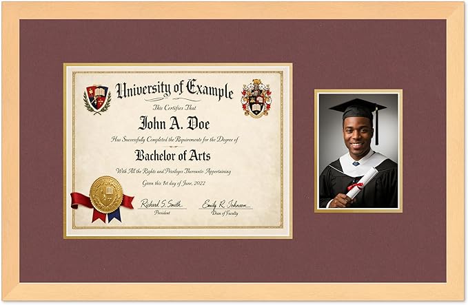 CountryArtHouse Fits 13 x 10 College Diploma (Traditional) and 5 x 7 Photo Diploma and Photo Frame Natural Wood Genuine Hardwood with Dark Red Over Metallic Gold Double mat