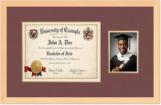 CountryArtHouse Fits 13 x 10 College Diploma (Traditional) and 5 x 7 Photo Diploma and Photo Frame Natural Wood Genuine Hardwood with Dark Red Over Metallic Gold Double mat