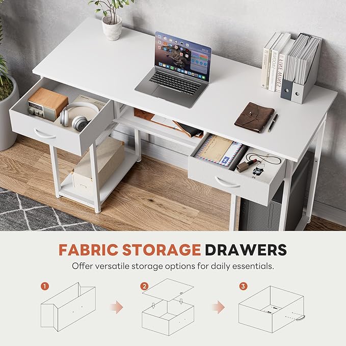 DUMOS 48" Small Computer Home Office Desk for Bedroom with Drawers, Gaming Writing Study Table with Storage Shelf, Adjustable Feet, Metal Frame Natural White
