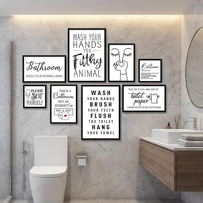 Faccito 8 Set Bathroom Wall Decor Funny Quotes Bathroom Wall Art Interesting Bad Smell Humorous Toilet Wooden Decoration Black and White Funny Art Signs for Washroom