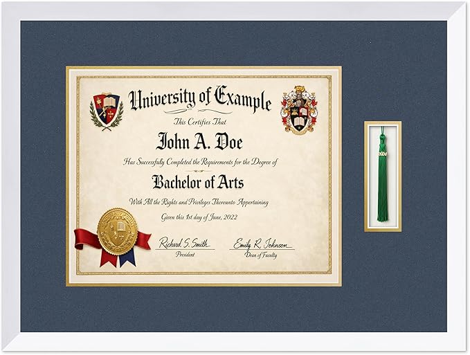 CountryArtHouse Diploma and Tassel Frame Fits 15 x 12 Military/Government with Tassel Hook Bright White Genuine Hardwood Shadowbox with Navy Blue Over Metallic Gold Double mat