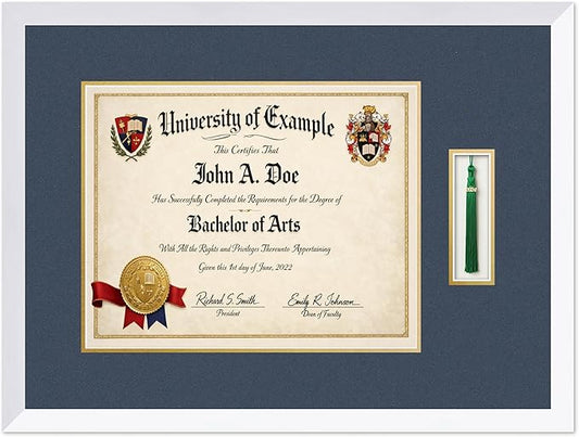 CountryArtHouse Diploma and Tassel Frame Fits 15 x 12 Military/Government with Tassel Hook Bright White Genuine Hardwood Shadowbox with Navy Blue Over Metallic Gold Double mat
